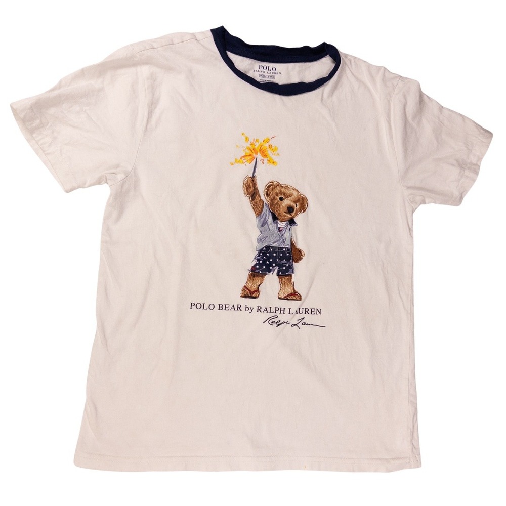 Polo Ralph Lauren Bear Fireworks Beach Kids M 10-12 White Ringer T-Shirt Summer
